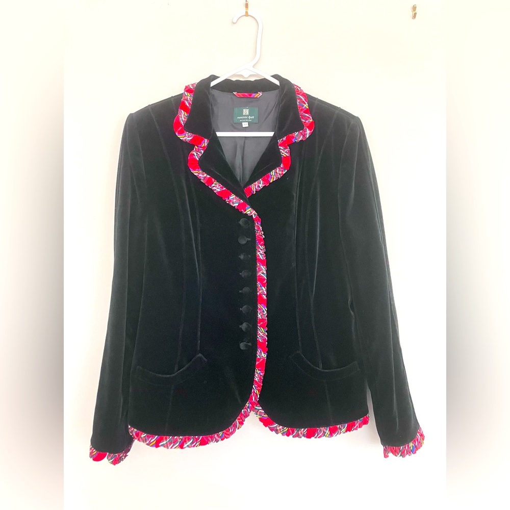 Susanne Spatt Salzburg Boho Velvet Trachten Blazer with Silk Plaid Trim 12-14